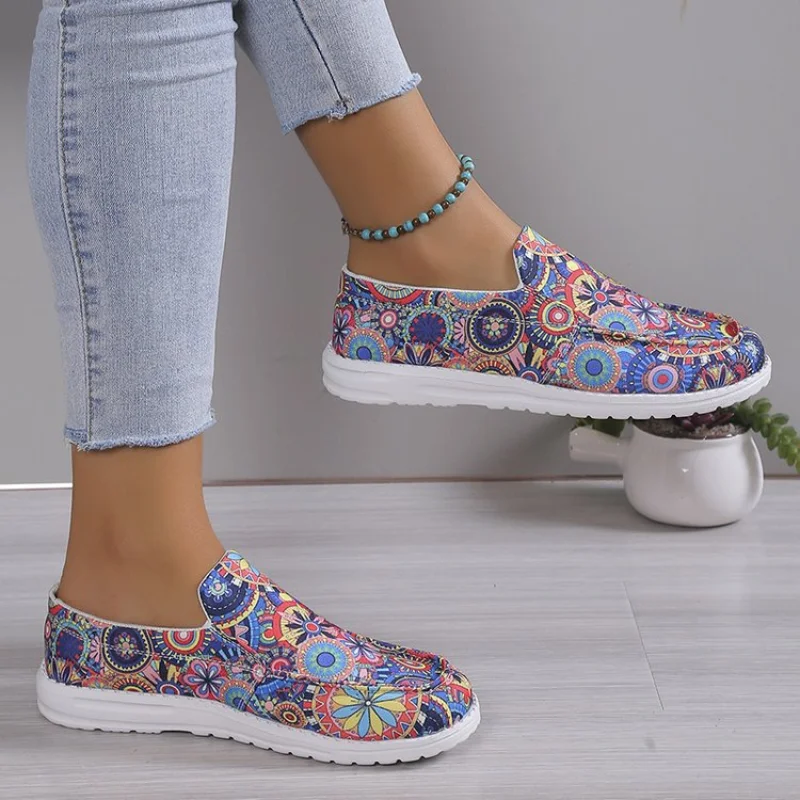 

Vintage Low-Cut Women Canvas Shoes Fashion Ethnic Style Print Cloth Shoes 2023 Casual Wireless Slip-on Sneakers Flats Sportswear