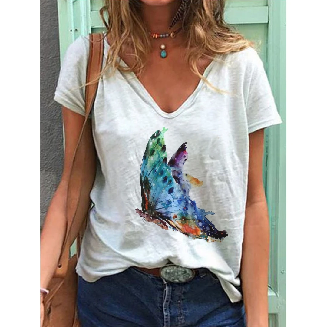 

2022 new Y2K clothing T-shirt women's summer women's V-neck flower pattern clothing top Street comfortable and breathable