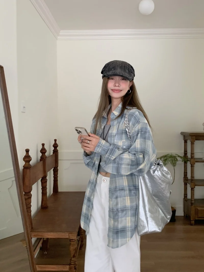 Корейская серия клетчатые рубашки с длинными рукавами женские осенние