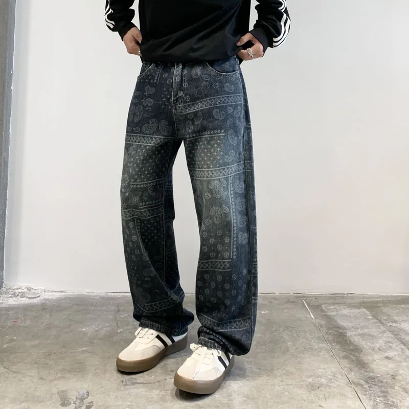 Джинсы с принтом пейсли мужские свободные прямые брюки 2024 осенняя уличная мода в