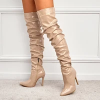 sexy pointed toe super stiletto pleated fashion boots patent leather side zip short plush inner womens over the knee boots
