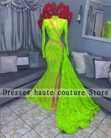 new arrival green sequin long sleeve mermaid prom dresses elegant high neck african black girls train evening gowns