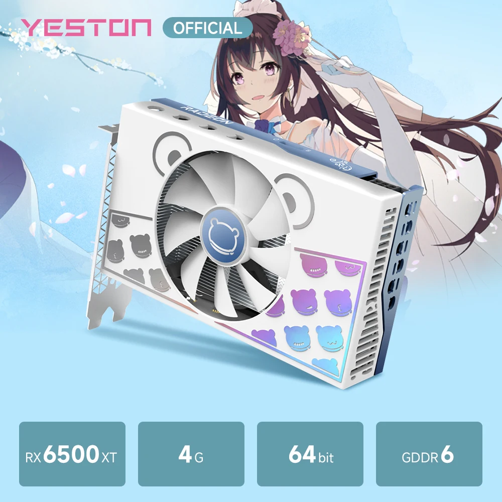 YESTON RX 6500XT Графическая карта GDDR6 4G 64-битный игровой компьютер GPU RX6500XT Desktop AMD RDNA 2