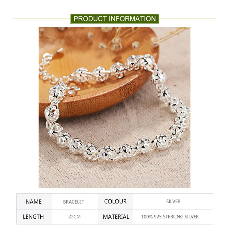 Браслет-цепочка женский из серебра 925 пробы с полыми круглыми шариками