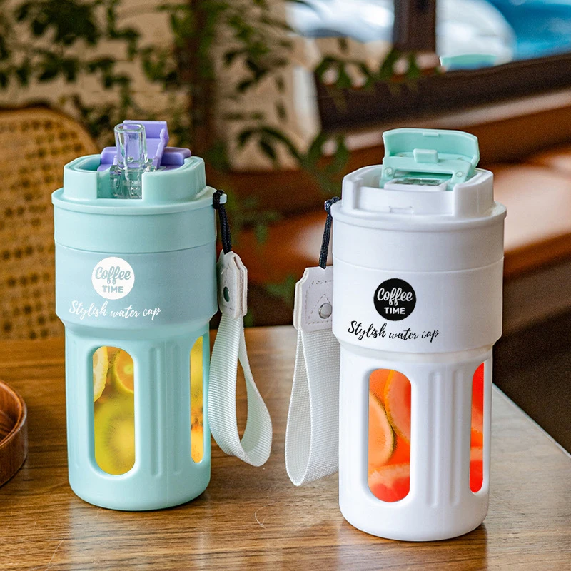 

Drinkware double drink Coffee cup anti scald anti fall belt plastic glass cup in creative office Glass cup