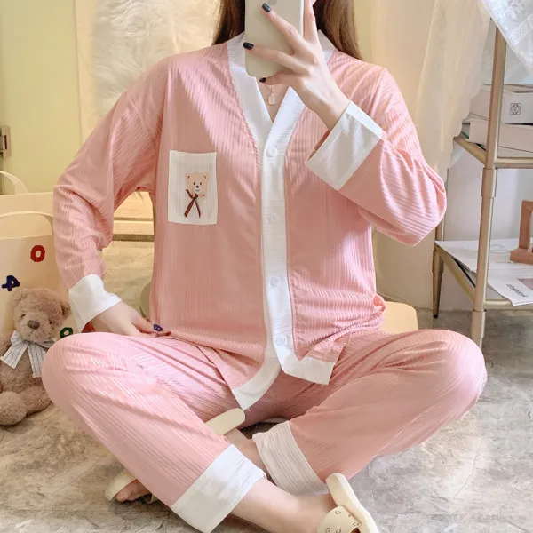 Pajamas Girl Cute Cartoon  Student  Spring/Autumn Fresh Long Sleeves Pit Bar Milk Silk Pocket Bear Home Set Pyjamas Sleepwear