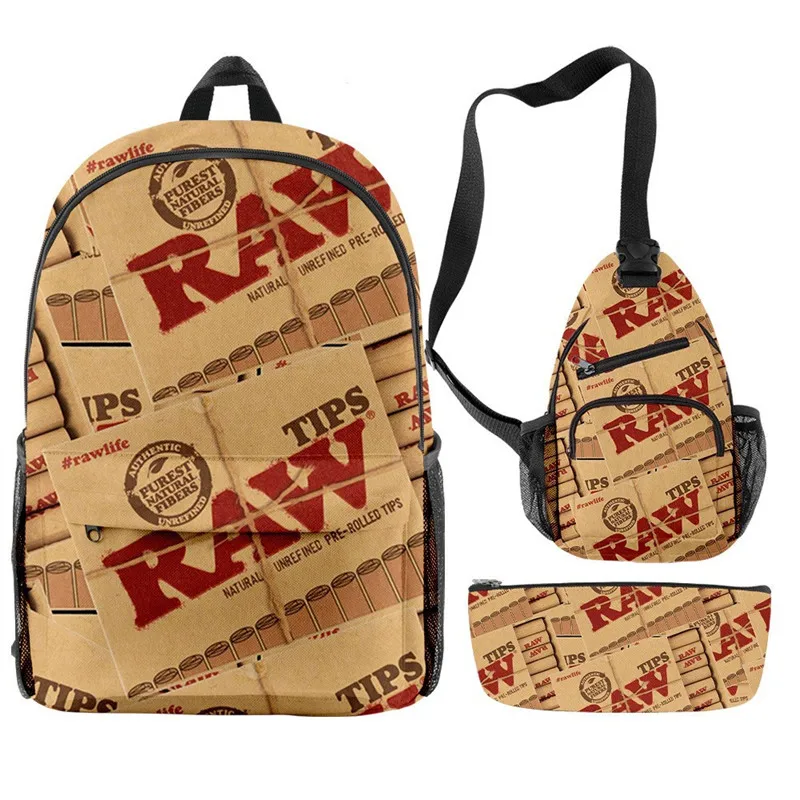 Raw Natural Unrefined Rolling Papers Backpack 3pcs Men Oxford Casual Backpack Raw Tobacco Streetwear Women Laptop Backpack Bags