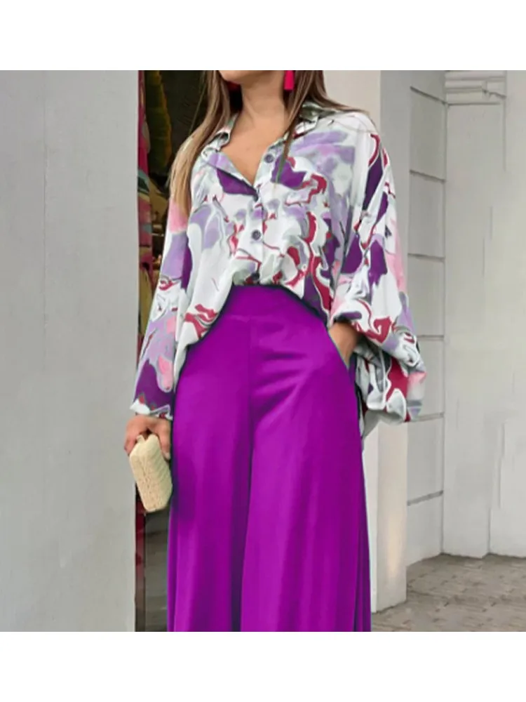 2025 женские блузки брюки комплект рубашка с принтом элегантные широкие v-образным