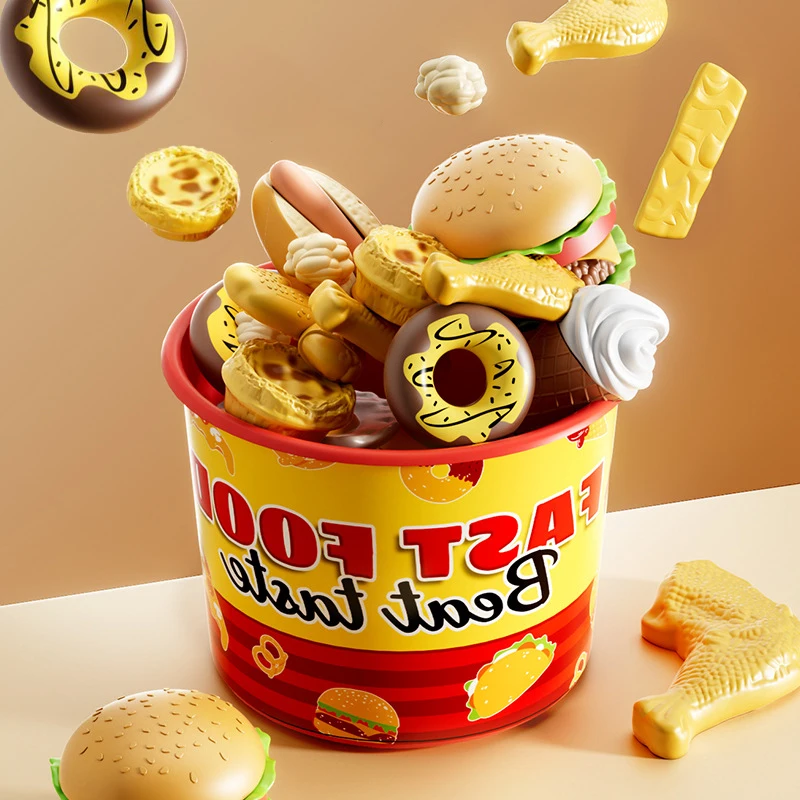 Children Kitchen Girl Toys Simulation Make Hamburger Pizza Fries Pretend Play Food Cooking Cutting Game Party Activity