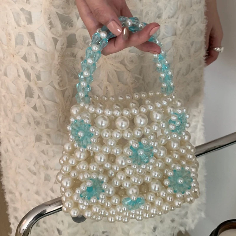 Fashion Daisy Pearl Bag Women's Casual Cutout Flower Beaded Handbag Woman Summer Cute Small Tote Female Lovely Purses 2023 New