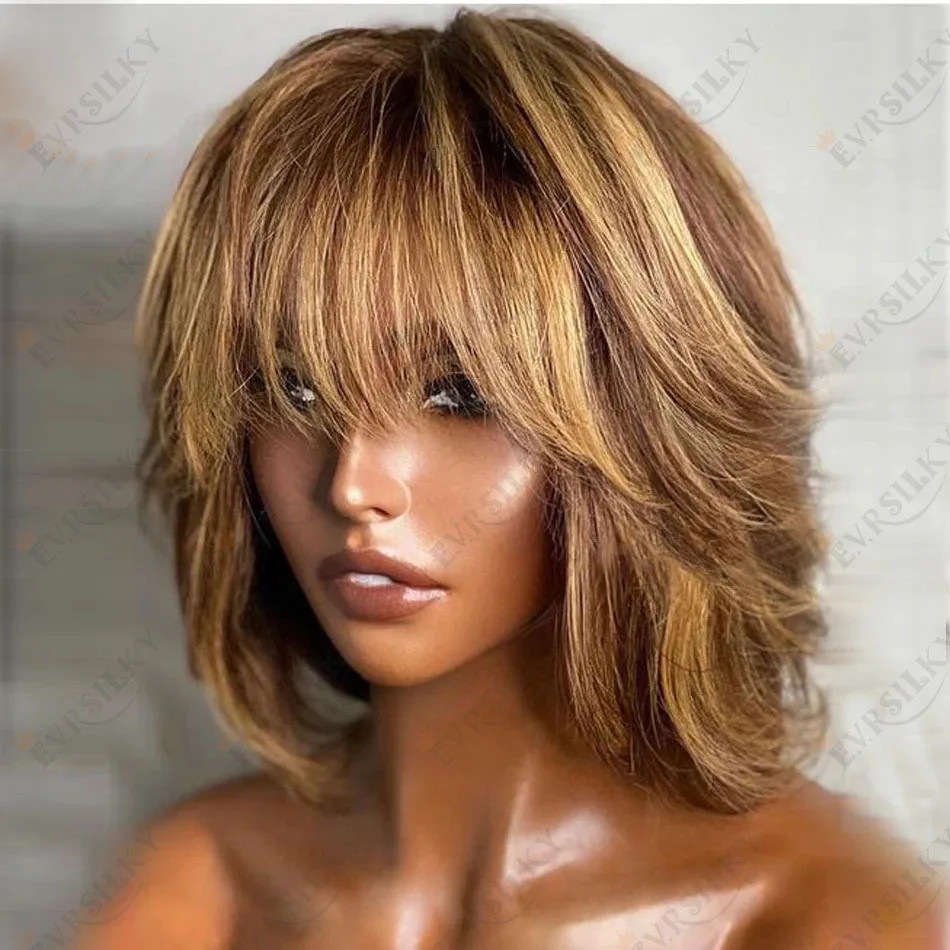 

Honey Blonde Highlight 13X6 Lace Front Wigs Human Hair Brazilian Remy Glueless Short Bob Cut 5X5 Closure Wig With Bangs Fringe