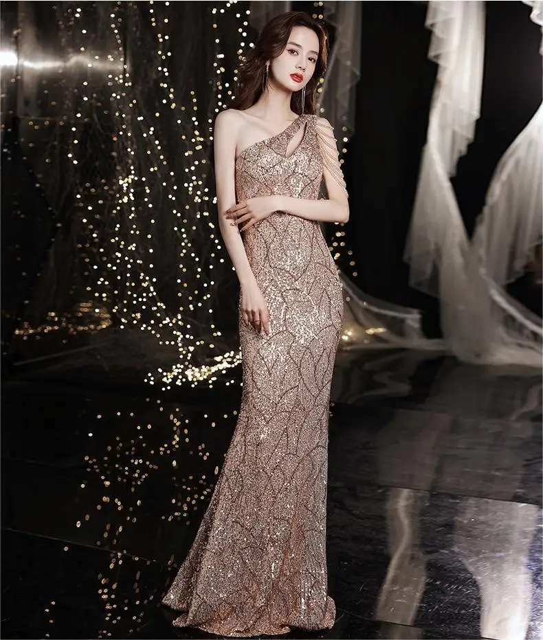 Elegant Banquet Glitter Sequin Temperament Host Model Runway Dress Sexy Fishtail Dress