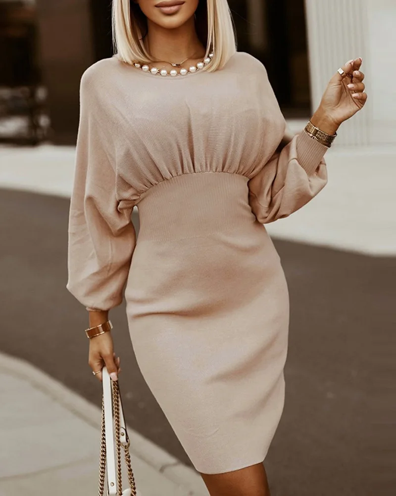 

Зимнее модное платье женское однотонное платье-карандаш с круглым вырезом и рукавом летучая мышь с высокой талией элегантное приталенное ж...