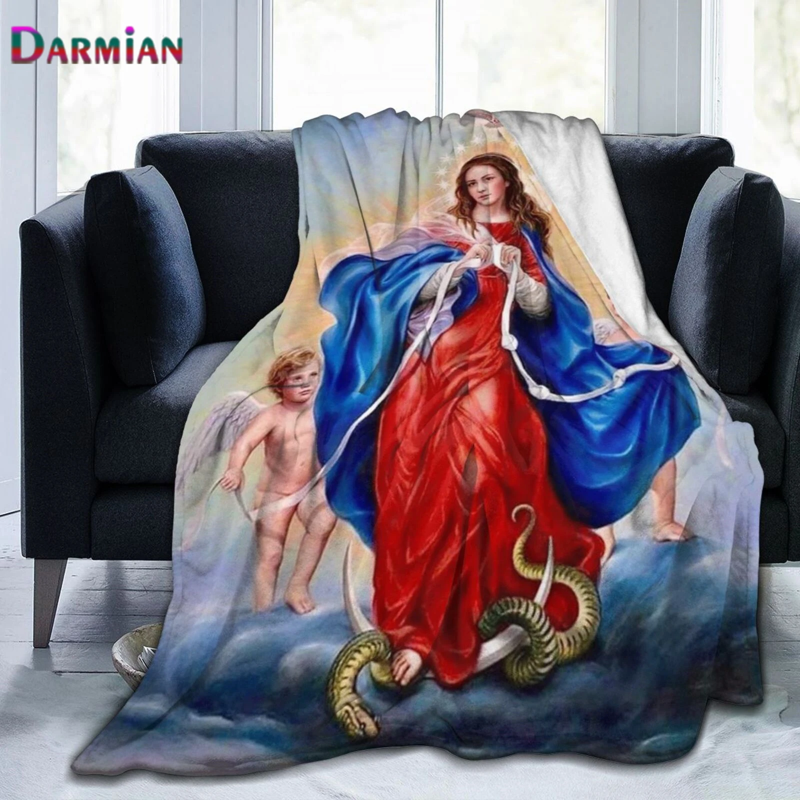 

Диван DARMIAN с винтажным принтом Девы Марии, дорожное одеяло, мягкое теплое одеяло, Размеры s