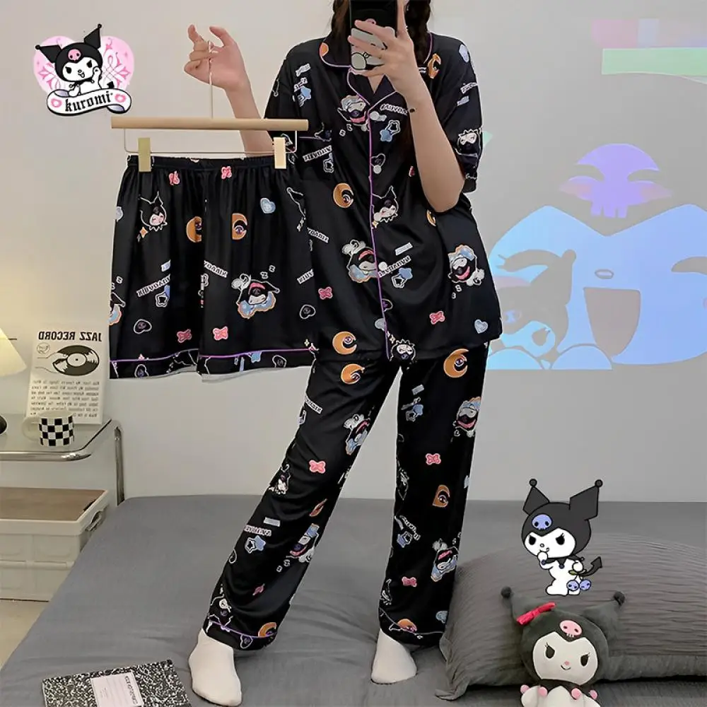 

New Kawaii Sanrios Hello Kitty Nightdress Cartoon Kuromi Summer Thin Style Giris Short Sleeve Three Piece Set Polyester Pajamas