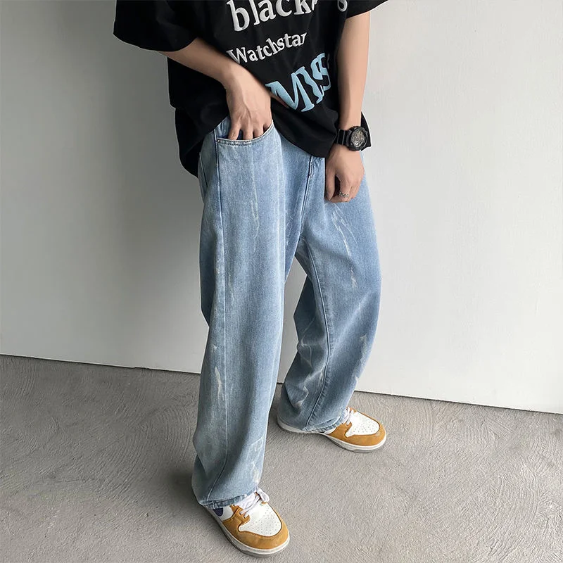 Blue Black Straight Jeans Men Fashion Retro Casual Tie Dye Jeans Men Streetwear Hip Hop Loose Denim Pants Mens Trouser S-2XL