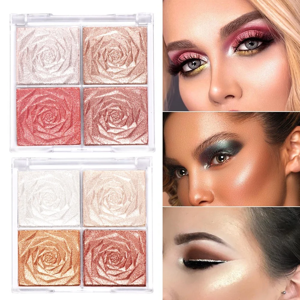 

4 Colors Rose Diamond Highlighter Powder Palette Glitter Face Contour Makeup Shimmer Illuminate Brighten High Light Cosmetic
