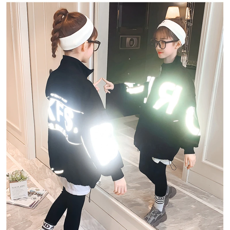 

Одежда для девочек, модная плотная теплая ветровка, осенне-зимняя водолазка, топ, Детская бархатная куртка из ягненка со светоотражающими надписями