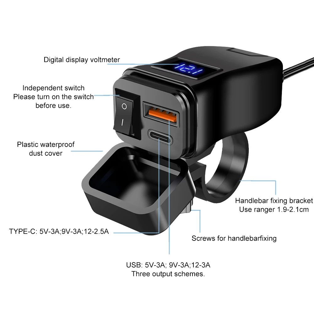 Фото Зарядное устройство для мотоцикла с двумя USB-портами QC3.0, быстрое зарядное устройство, адаптер питания с выключателем, водонепроницаемый цифровой вольтметр, аксессуары для мотоцикла №3