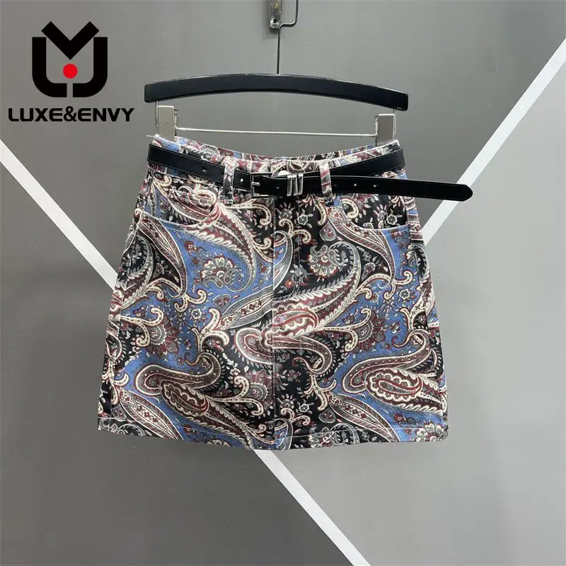 

LUXE&ENVY fashion cashew flower printed denim skirt women's summer new high waisted slim A-line wrap hip short skirt