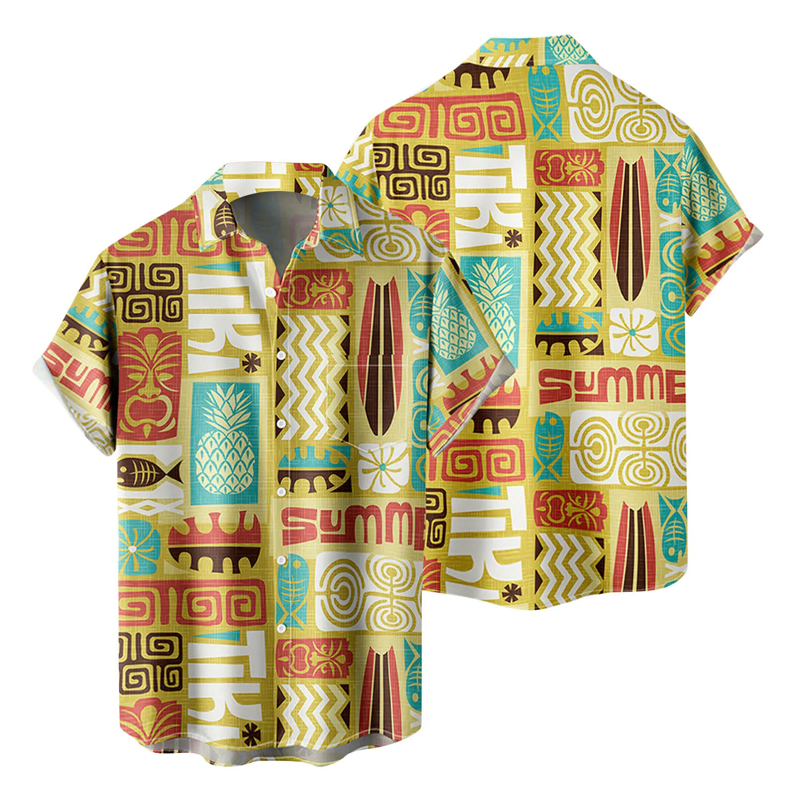 

Mens Fashion And Leisure 3D Digital Printing Buckle Lapel Short Sleeve Shirt Top Men's Big Tall Clothing