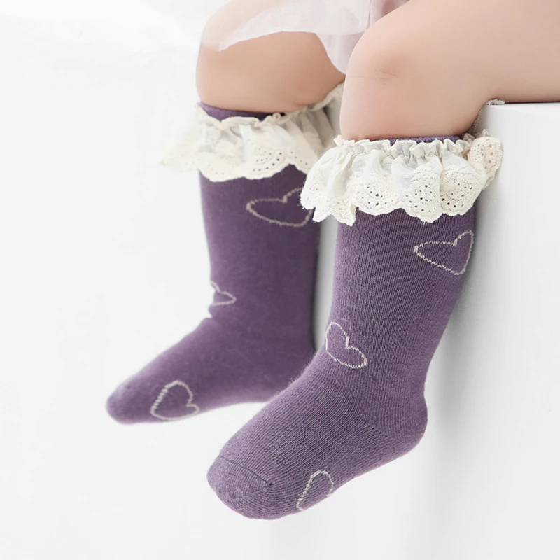 

Cute Korean Heart Ruffle Lace White Stitch Calf Long Socks 2022 Winter New Thicken Cotton Thermal Stocking for Infant Baby Girls