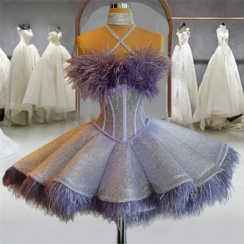

Puffy Cocktail Dresses Ball Gown Strapless Short Mini Sequins Feather Homecoming Dresses Haute Couture