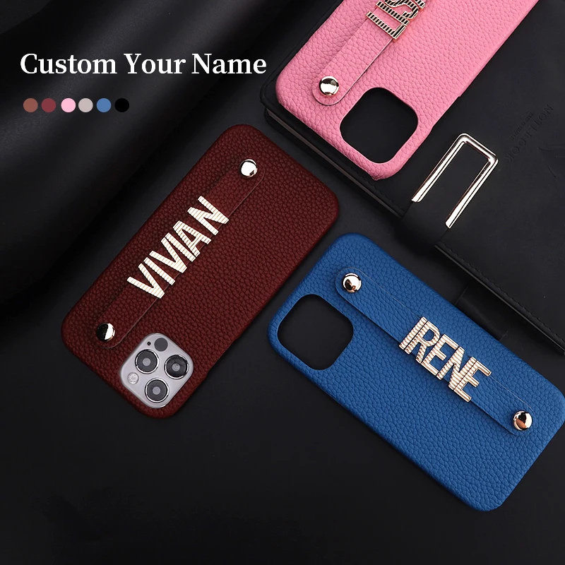 

Custom Name Genuine Leather Cowhide Phone Case For iPhone 11 12 13Pro Max XR XS 7 8Plus Striped Metal Letters Luxury Cover Coque