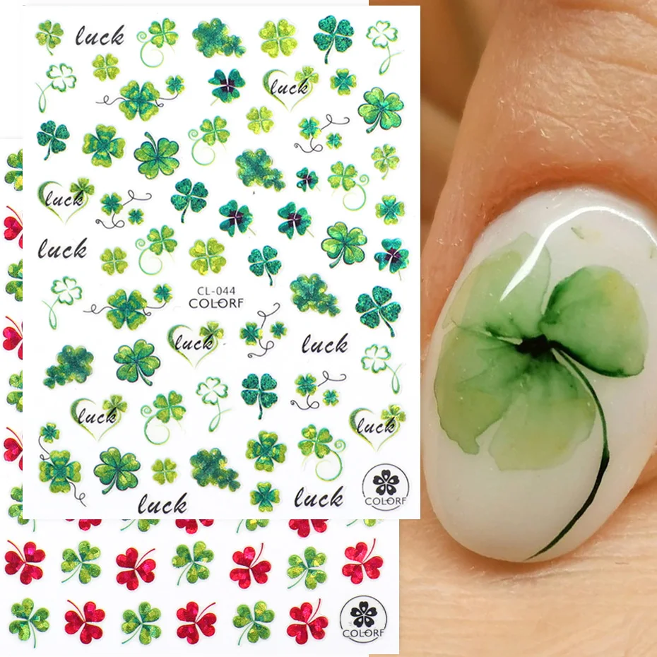 

New Nail Stickers Sliders Green Shamrock Flowers Clover Ginkgo Sping Leaf Nail Art Decals 3D Holographic Nail Foils Manicure