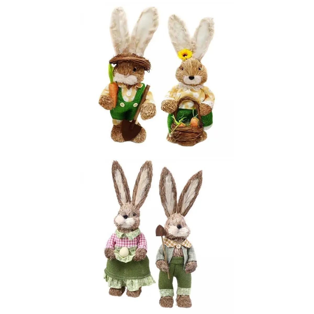 

2 Pair Cute Straw Rabbit Easter Farmer Bunny Figure for Wedding Party Decor