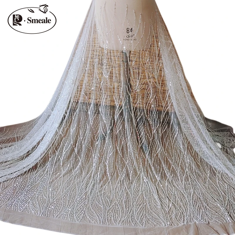 

Off White Stripe Beaded Sequin 3D Lace Fabric for Clothing,Hand Sewn DIY Wedding Veil Dress Lace Fabric By Yard for Dress RS4316