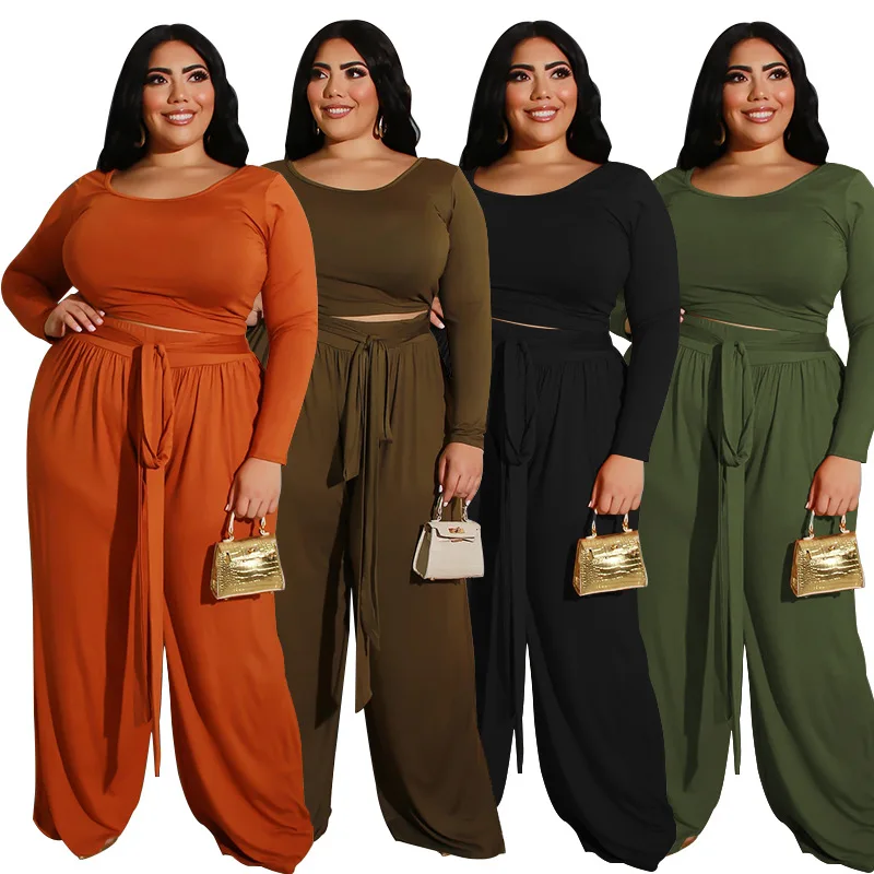 

Plus Size Women Clothing Crop Tops Wide Pants Two Pieces Set O-neck Casual Solid Color Long Sleeve Matching Suit Street Wear 5XL