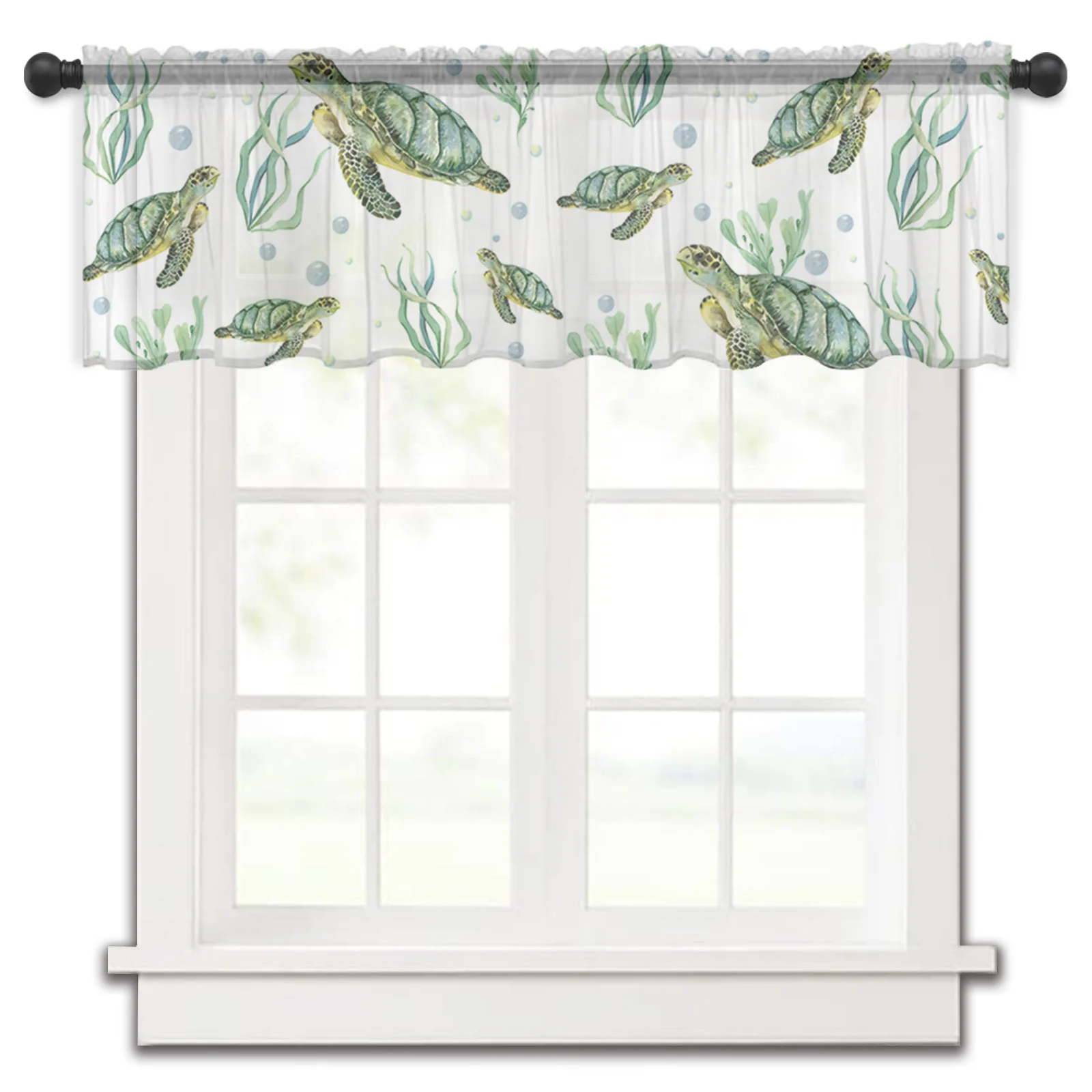 

Sea Turtle Coral Seaweed Kitchen Small Window Curtain Tulle Sheer Short Curtain Bedroom Living Room Home Decor Voile Drapes