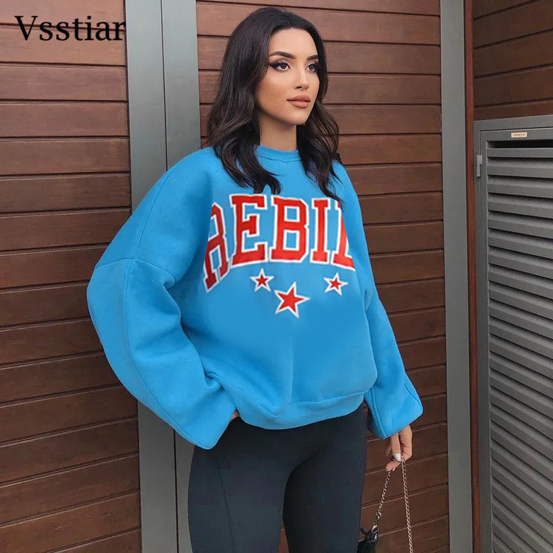 

Vsstiar Winter Women Sweatshirt Black O-Neck Letter Printed Top Clothes Autumn Thin Velvet Pullovers Shirts Oversized Hoodies