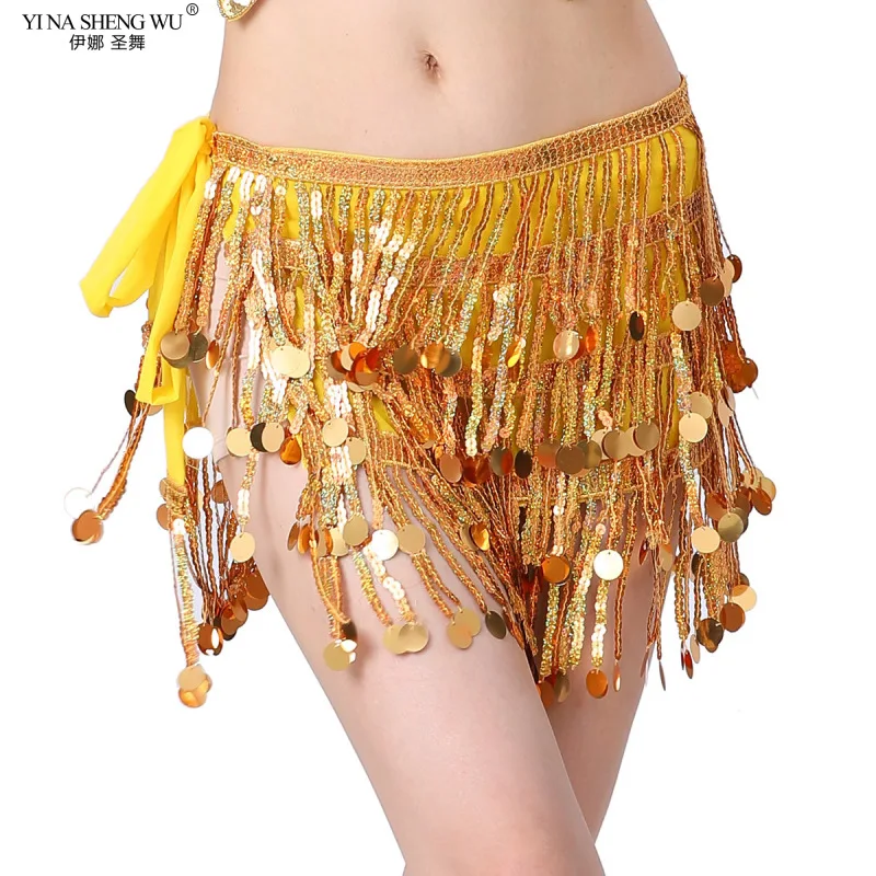 

Belly Dance Sequin Waist Chain Gold Color Sequins Hip Scarf Tassel Waist Seal Belt Dance Performance Practice Skirt for Women