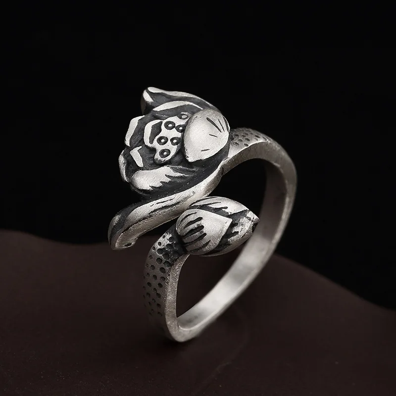 

S925 Silver Antique Matte Lotus Opening Ring Women's Sterling Silver Versatile High Grade Ring