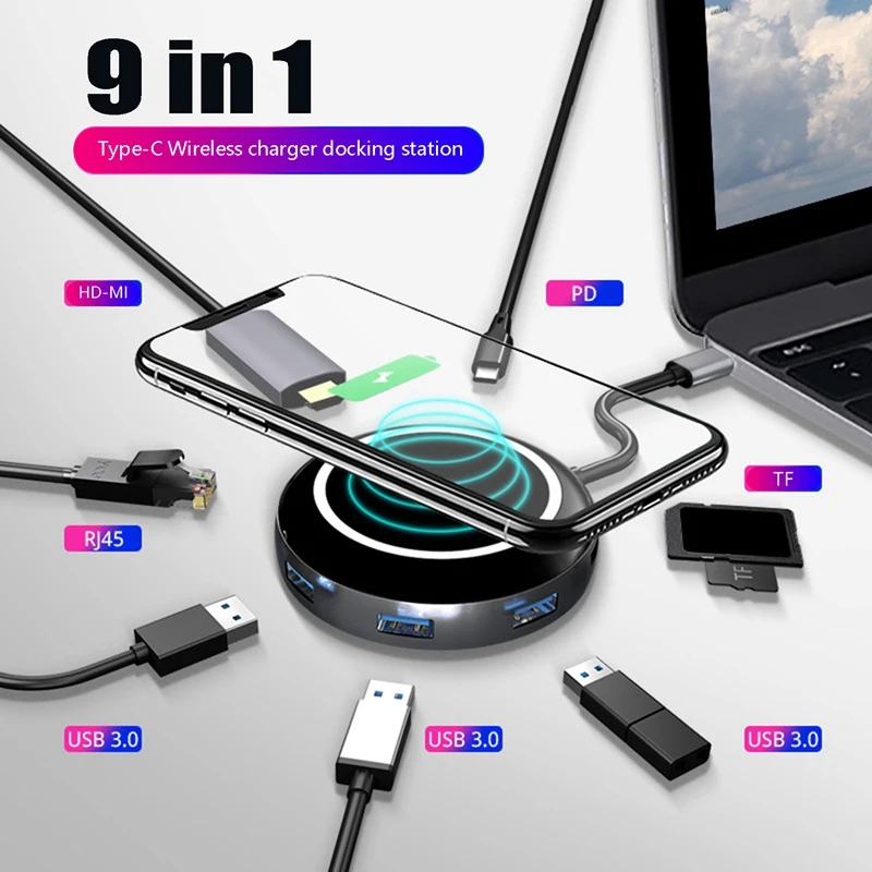 

9 In 1 Type C Hub Wireless Charger USB C HUB Docking Station RJ45+HDMI-Compatible+PD+USB3.0 For
