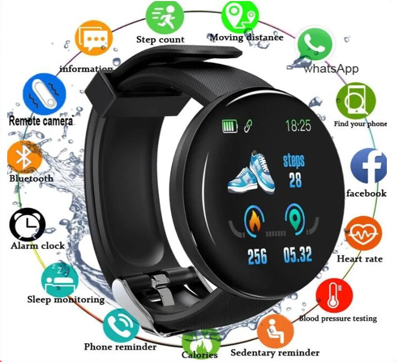 

For Apple Xiaomi Huawei D18 Vibration Reminder Message Heart Rate Blood Pressure Sports Fitness Smart Watch Band