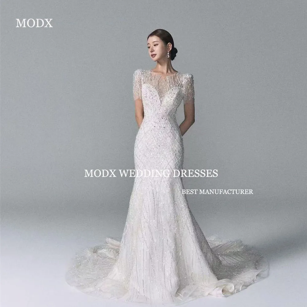 MODX Роскошное сверкающее свадебное платье русалки с круглым вырезом расшитое