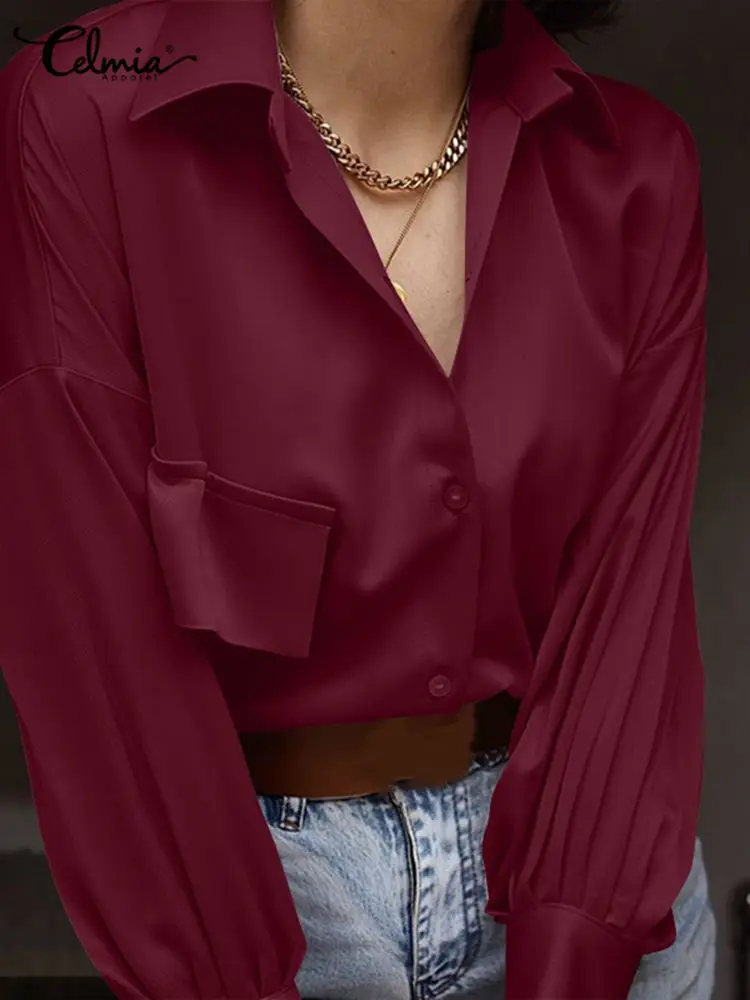 

Celmia Women Lapel Shits Elegant Office Wear Blusa Satin Silk Party Tops 2022 Autumn Lantern Sleeve Pleated Fashion Blouse