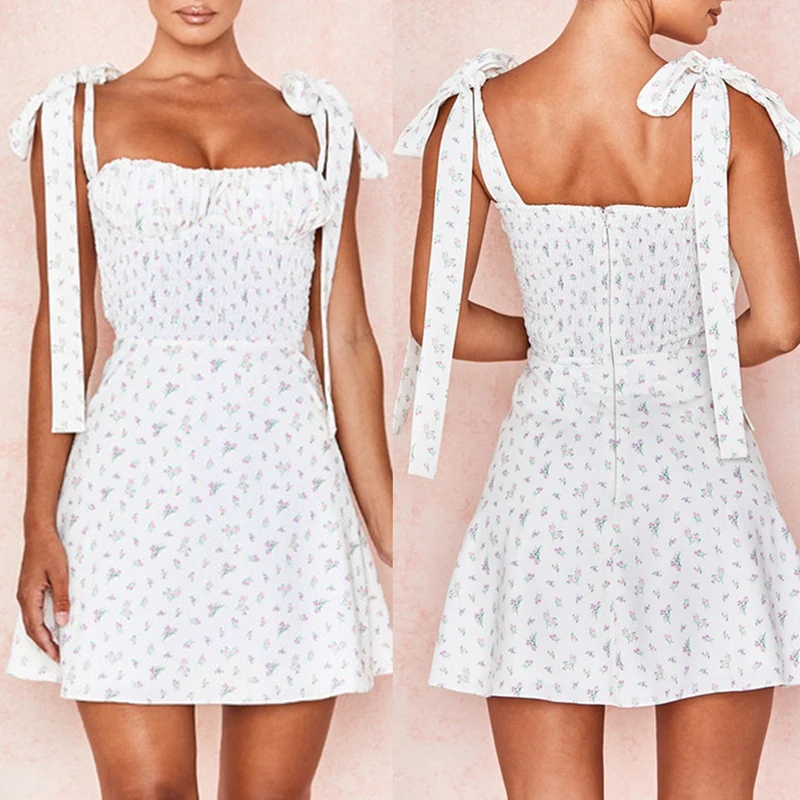 

Women Boho Floral Print Summer Dress Lacing Strap Holiday Sundress Ladies Ruched Backless Mini Sexy Dress