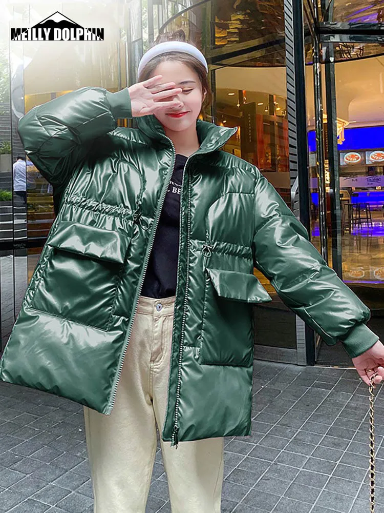 2022 Women Winter Long Jacket Parkas Bright Shiny Stand Collar Warm Thicken Padded Female Coat Korean Casual Clothes
