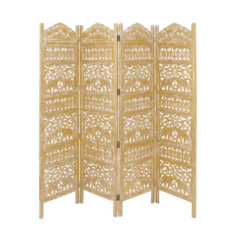 

80" x 72" Gold Wood Floral Handmade Hinged Foldable Partition 4 Panel Room Divider Screen with Intricately Carved Designs