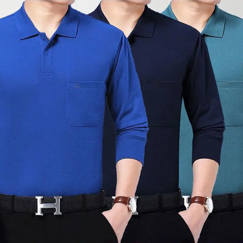 

Dad Spring/Summer Wear Thin Long Sleeve Men's Middle Age Solid Pocket T-shirt Dress Lapel Loose Casual Top
