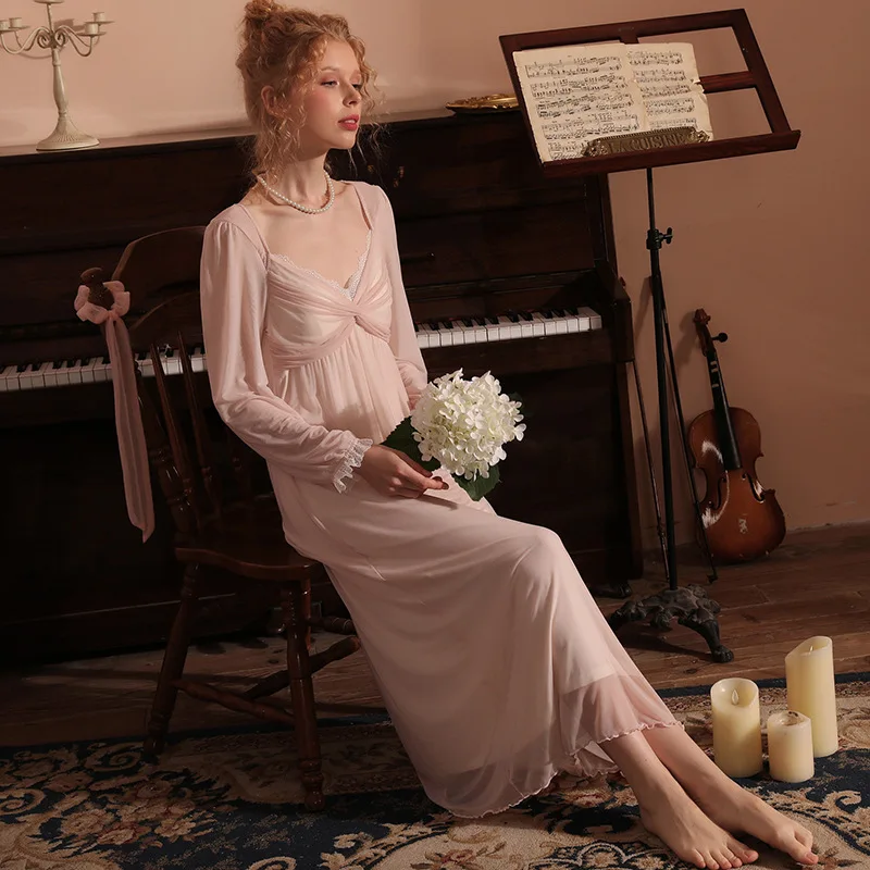 NEW Women's Retro Court Style V Neck Gauze Stitching with Removable Chest Pad Modal Nightgowns Sleepshirts Sleepwear