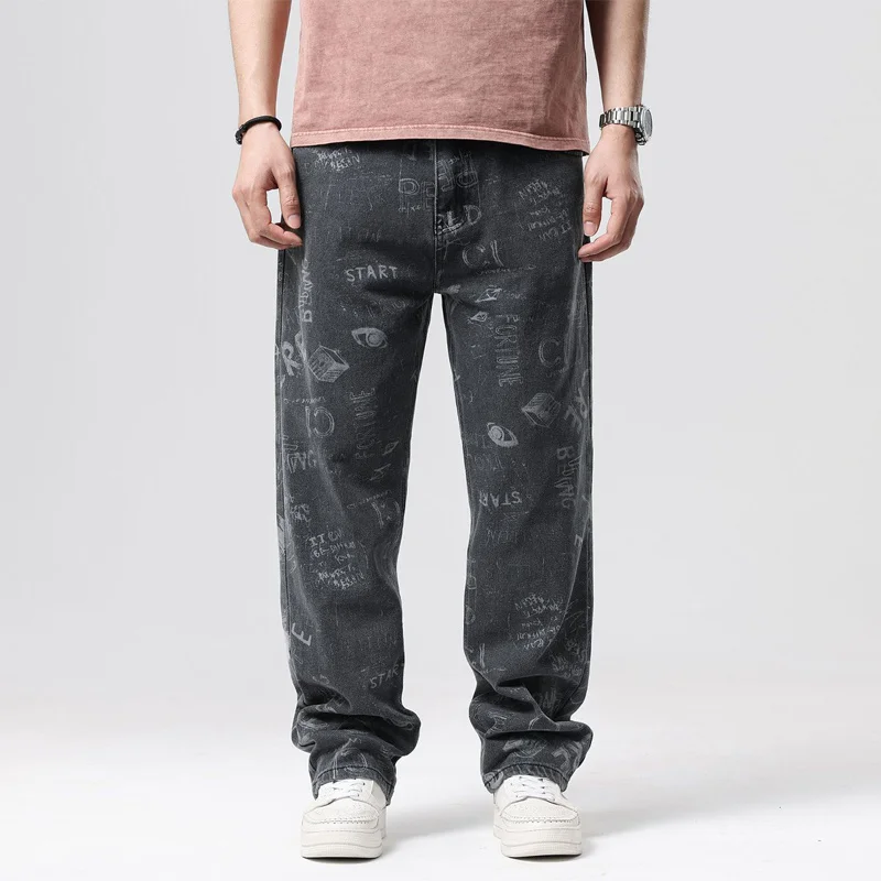 Men's Jeans Fashion Streetwear Letter Graffiti Denim Pant Male Skateboard Loose Trousers Plus Size Clothing Vintage |