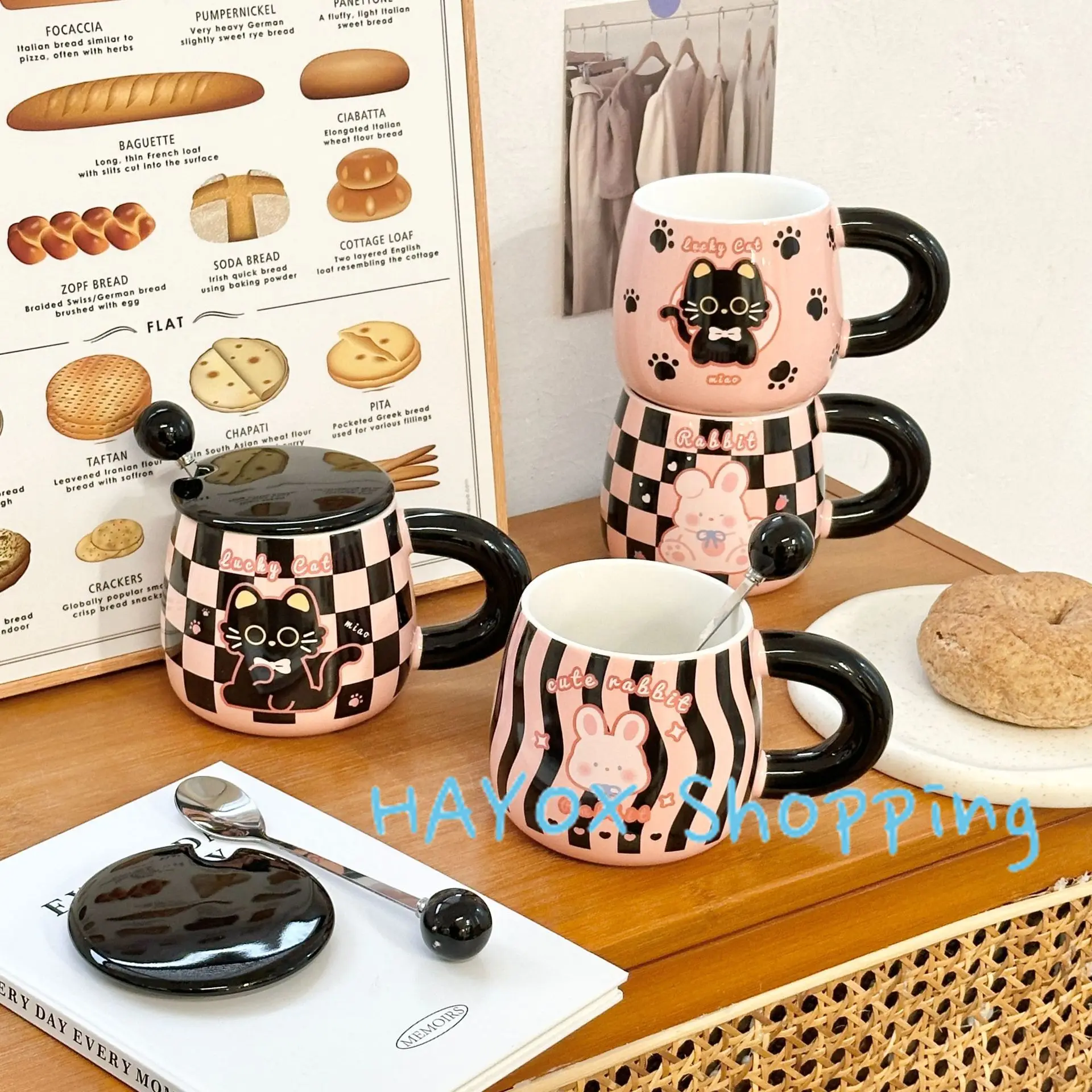 Кружка с розовым котом мультяшная керамическая чашка крышкой и ложкой Офисная