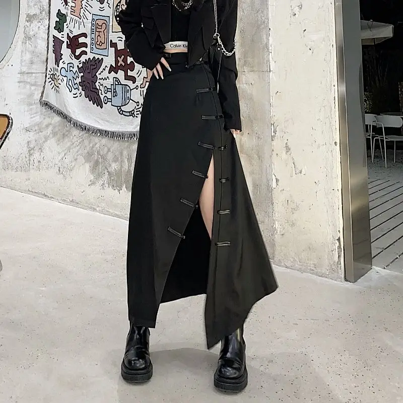 2022, in Harajuku, dark cheongsam button up high waist skirt, women's street split suit, mid length skirt trend