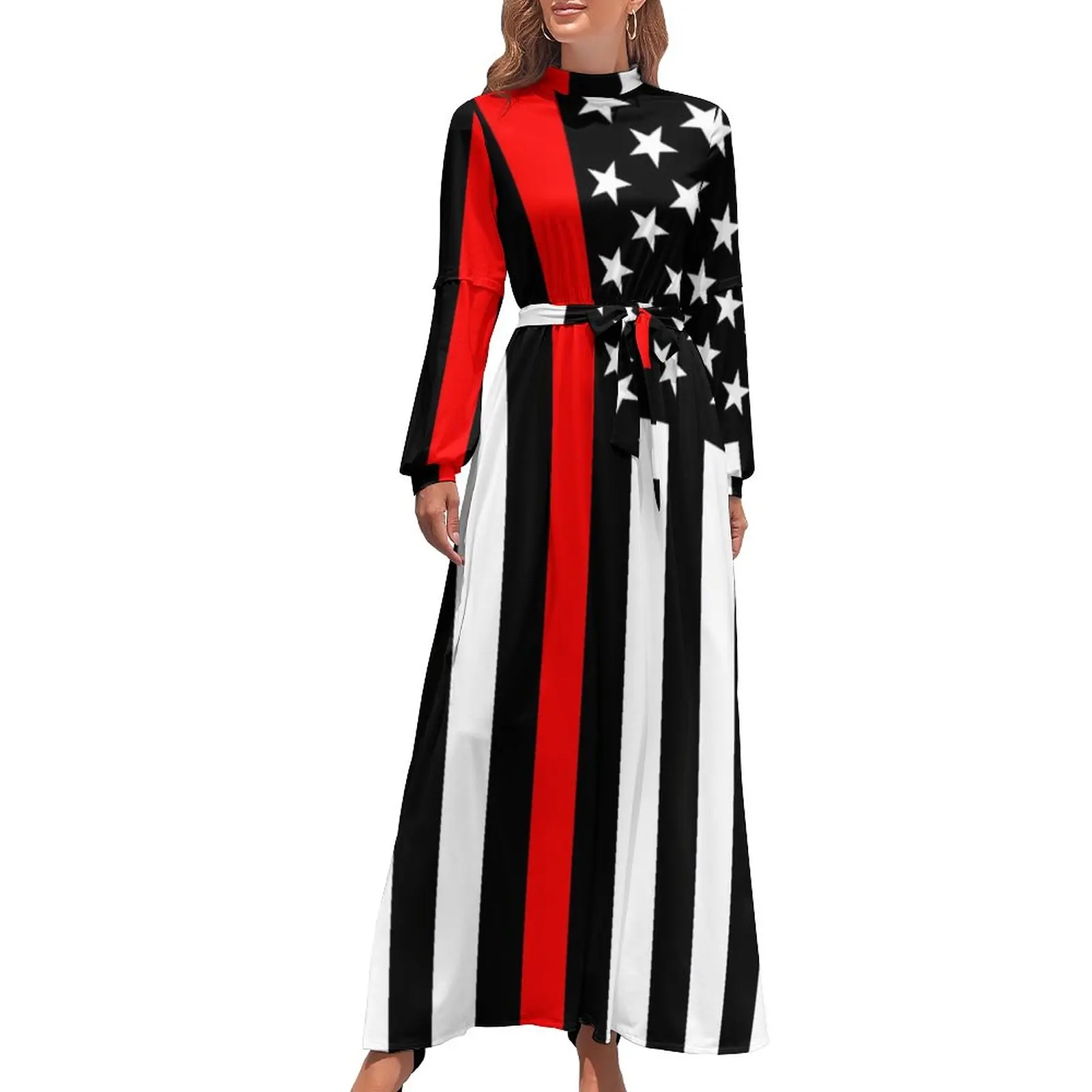 

Графическое платье с американским флагом, тонкое красное платье-макси с принтом звезд, индивидуальное Макси-платье с высоким воротником и длинным рукавом, модные богемные длинные платья