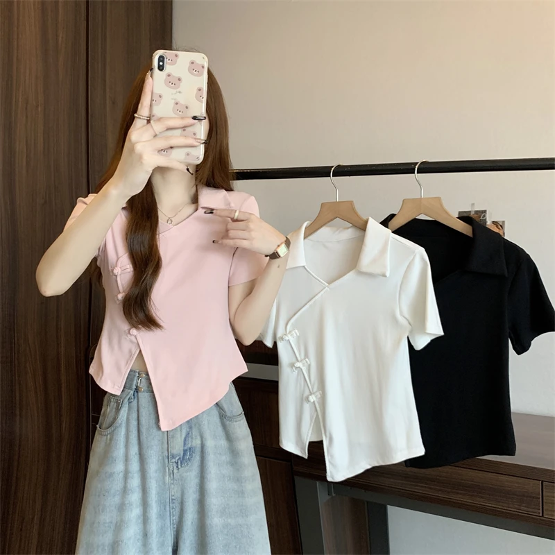 Jigu Plus size Short sleeve T-shirt Chubby Girl Summer Unique Chic Retro Chinese Sle Buckle Top